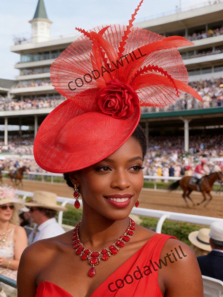 Women'S Fashion Kentucky Derby - قبعة فاسيناتور حمراء مزينة بالريش والورود